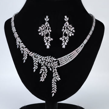 Diamond/ Swarovski Crystal Bunch Of Fallen Leaves asymmetrical Necklace Set , Long Bridal Jewelry, Crystal Earrings, Statement Earrings